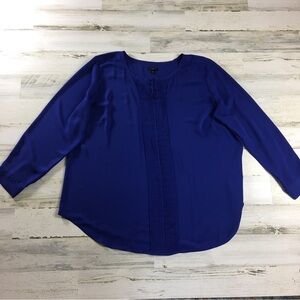 Talbots Womens Blouse Top 2X Blue Long Sleeve Pintuck Front Popover Career